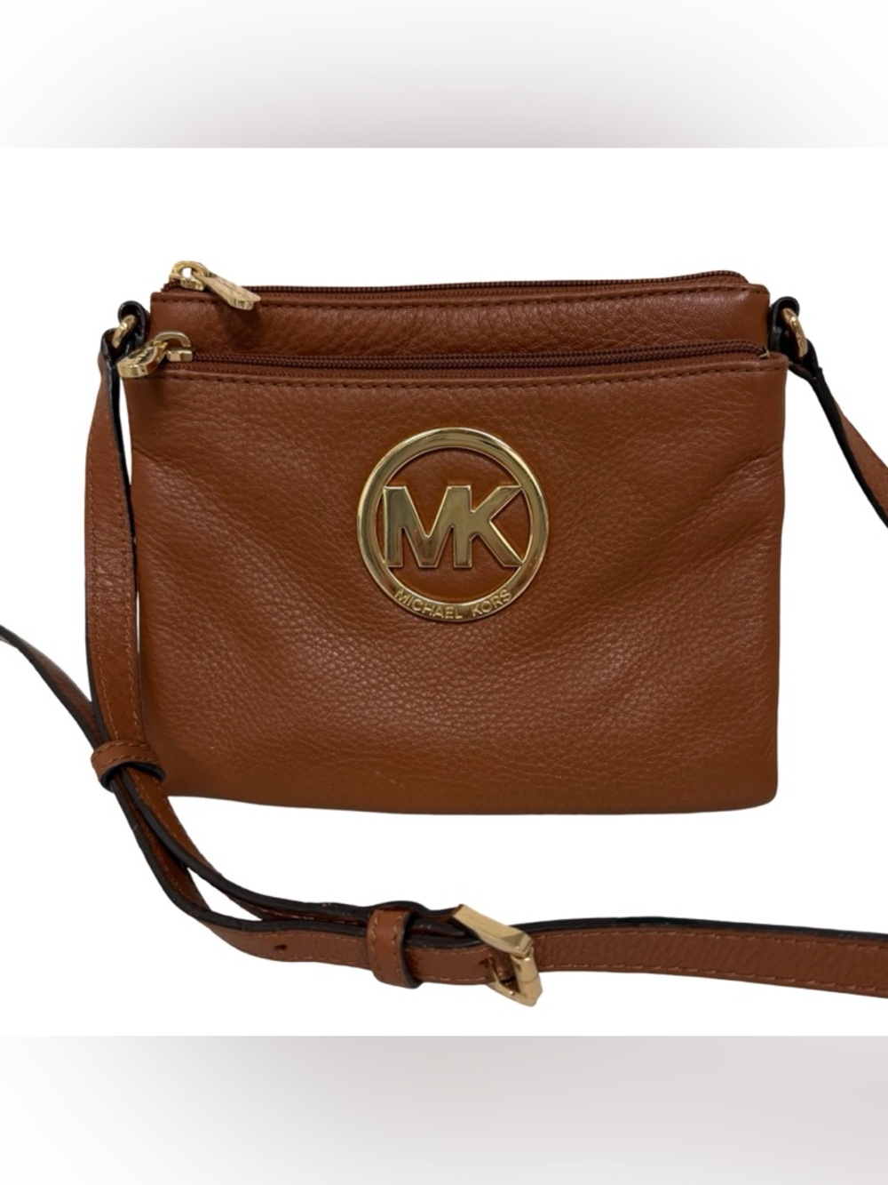 Michael Kors Tan Pebbled Leather Crossbody with Gold MK Emblem